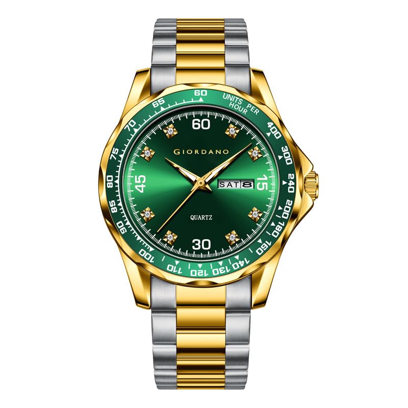Two-Tone Analog Watch for Men - Crystal Hour Markers, Textured Bezel Design, Day & Date Display, Stainless Steel Strap, Quartz Movement-image-27