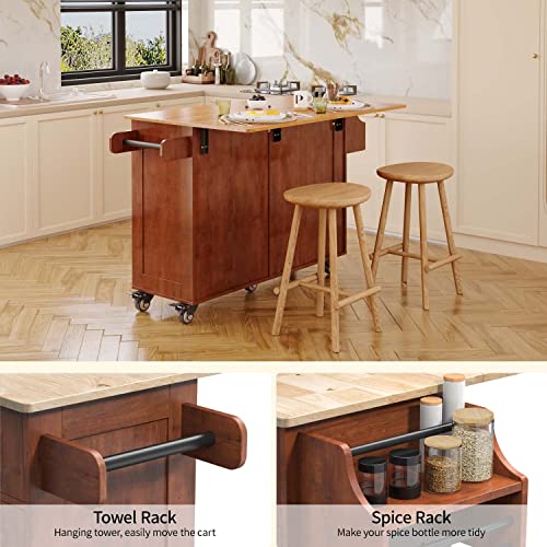 Aiho Kitchen Island With Storage, Rolling Kitchen Island With Cart 52" Soild Wood Top Kitchen Cart With Towel Rack, Spice Rack And Drawers Rolling Kitchen Island On Lockable Wheels, Brown #TOP3