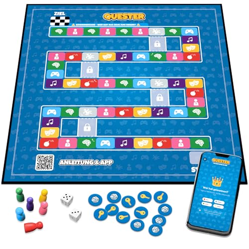 Quester - Das Brettspiel mit App, interaktives Quiz, Musikspiel, Wissens- und Familienspiel, Brettspiel für Freunde, Familie und Partys, Gellschafts- & Partyspiel für 3-6 Personen, ab 12 Jahren