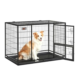 Feandrea Heavy-Duty Dog Crate, Dog Cage, 107 x 70 x 74.9 cm, for Large and Medium Dogs, Double Removable Door, Easy Cleaning, Pet Cage, XL, Black PPD001B01
