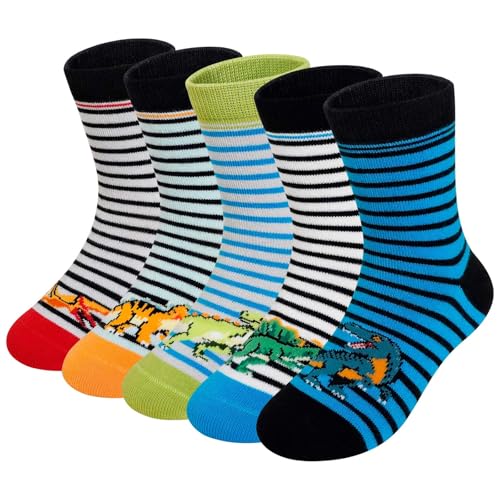 PUTUO Calcetines Niño Divertidos de Algodón: Calcetín Térmicos Invierno Talla 31-34 Infantiles Calcetines Animales Navidad Cortos 7-9 años 5 pares dinosaurio