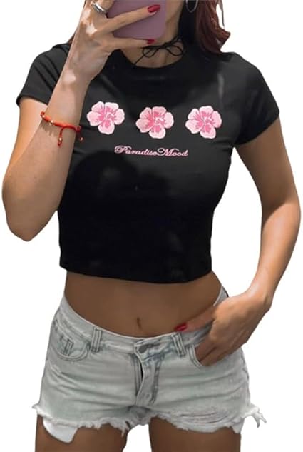 Camisetas Cortas Florales Y2k De Manga Corta Con Cuello Redondo Para Adolescentes, Camisetas Gráficas Para Bebé, Ropa Estética De Verano, Amarillo
