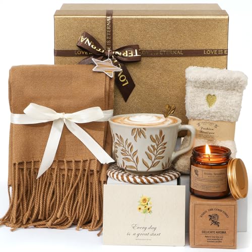 TinkerPlay Regalo Mujer Cumpleaños Set de Regalo Invierno Mujer – Bufanda Roja Calcetines Vela Aromática Taza Elegante Tarjeta – Regalo Navidad Cumpleaños Mamá Amiga Hermana (Marrón)