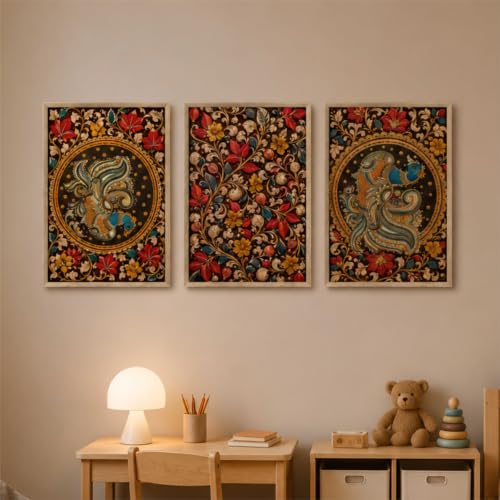 Image of Livin'luxe Set of 3 Abstract Peacock Flowers Wall Paintings for Living Room Bedroom Home Decor with Premium Wooden Color Synthetic Frame (13.5 x 19.5 Inch) NM03-72