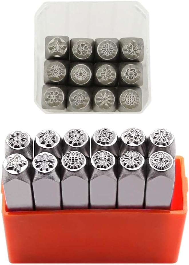 12PCS Metal Letter Punch Set 1/8” 1/4” Steel Flower Stamp Set Stamping Tool