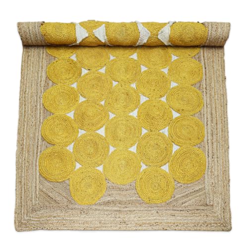 Tapis carré en jute tressé main 12x12 cm avec bordure jaune géométrique rustique - 8