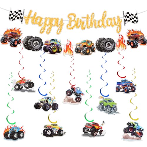 Monster Truck Geburtstag Deko Set - 2x Banner + 9x Spiralhänger, Inkl. Happy Birthday Schriftzug - Partydekoration für Jungen, Kindergeburtstag & Mottoparty - Rennauto, Hot Wheels Design
