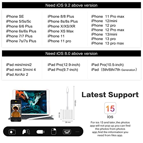 Adaptador de câmera USB com porta de carregamento, adaptador OTG fêmea portátil compatível com iPhon