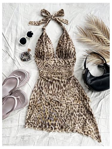 Image of SOLY HUX Women's Y2K Summer Beach Halter Mini Dress | Retro Floral Dress, V Neck, Backless, Club Nightout, Sexy Going Out Clothes, Birthday Dress