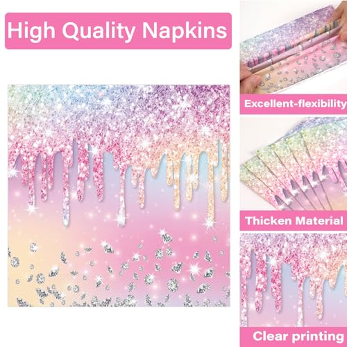 Image of 100PCS Iridescent Diamond Birthday Party Plates Napkins Forks Supplies Set Holographic Tableware Party Supplies Gem Stone Dinnerware Decorations Favors for Girls Kids Birthday Serves 25