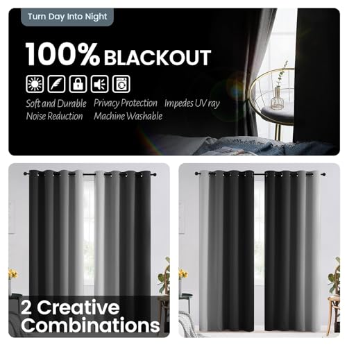 Image of SimpleHome 100% Blackout Ombre Bedroom Curtains Black and Greyish White,54L | Room Darkening Curtains,Thermal Insulated Grommet Window Drapes and Curtains for Living Room,2 Panels, 52x54 inches Length
