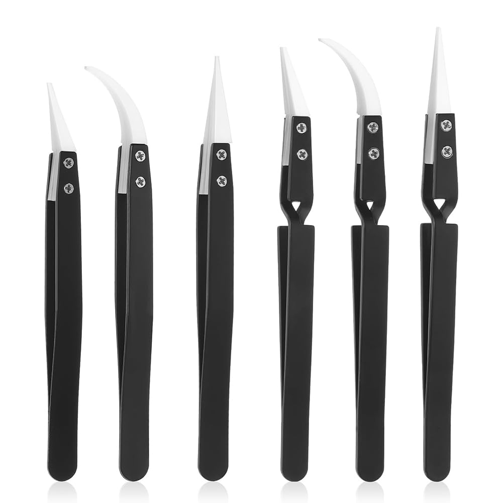 Littimoon 6 Pcs Ceramic Reverse Solder Tweezers, Anti-Magnetic Pointed and Curved Tips Tweezer Set for Solder Pinching Coils