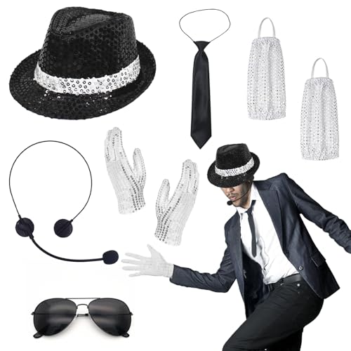 Lot de 8 costumes Michael rockstar années 80, accessoires jazz chapeau paillettes, gant, chaussette, cravate, lunettes soleil, microphone tête, King