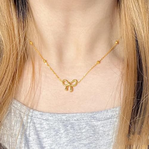 Bow Necklace Gold Necklace for Women 18K Dainty Gold Necklace Cute Small Tiny Bow Pendant Choker Chain Necklace Trendy Necklaces for Women Teen Gold Jewelry Gift2