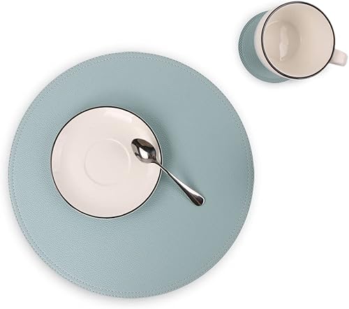 Miniatura 9 de Juego de 8 manteles individuales y posavasos redondos de piel sintética, manteles de mesa de disco y posavasos para bebidas, fácil de limpiar, doble