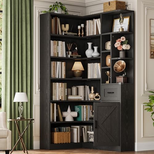 Garvee 74 Corner Bookshelf with Cabinets and Drawers
