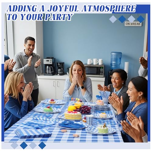 Image of Funnymoom 452 Pcs Blue Gingham Party Supplies for 50, Dark Blue and White Gingham Checkered Paper Plates Napkins Cups Tablecloth Cutlery Straws for Birthday Family Picnic Barbecue Party Decoration