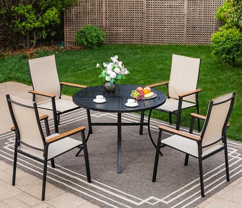 Image of Sophia & William Round Patio Dining Set for 4 with Aluminum Chairs, Beige | Metal table, Stackable sling chairs, Breathable & quick-drying, Light-weight & space-saving, Umbrella Hole, Outdoor, 5 piece