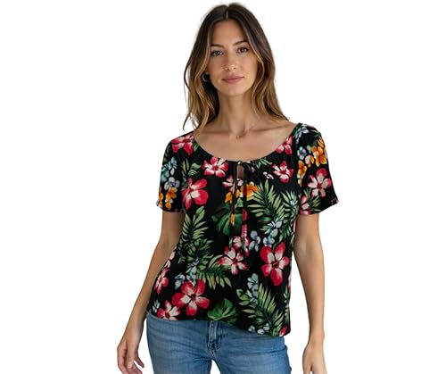 Star Vixen Womens Star Vixen Women's Short/Slit Sleeve Keyhole-tie Peasant Top Bubble Hem Blouse, Jet Floral, Large