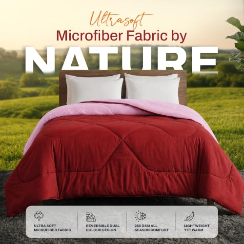 Image of DECORUM Reversible Comforter Double Bed 250 GSM | Red & Baby Pink | Ultra Soft Microfiber Quilt | Lightweight All Season Comforter | (228 X 223 CM)