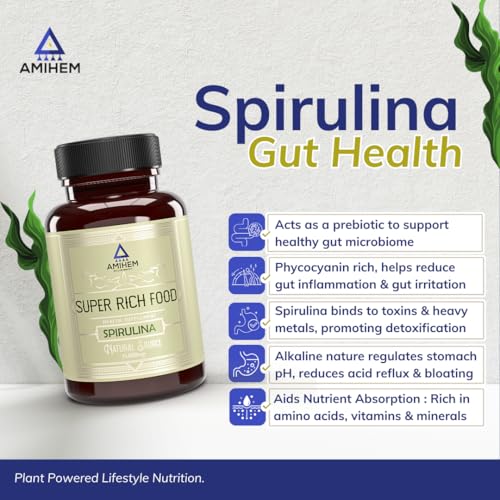 Image of Spirulina Capsules 1000mg Per Serving | Supports Gut Health, Eye Health, Energy, Endurance & Immunity | 30 Capsules Per Bottle | Pack of 3