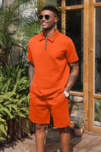 Aulemen Mens 2 Piece Zip Tracksuit Short Sleeve Print Polo Shirt and Shorts Sets Summer Outfits for Men2