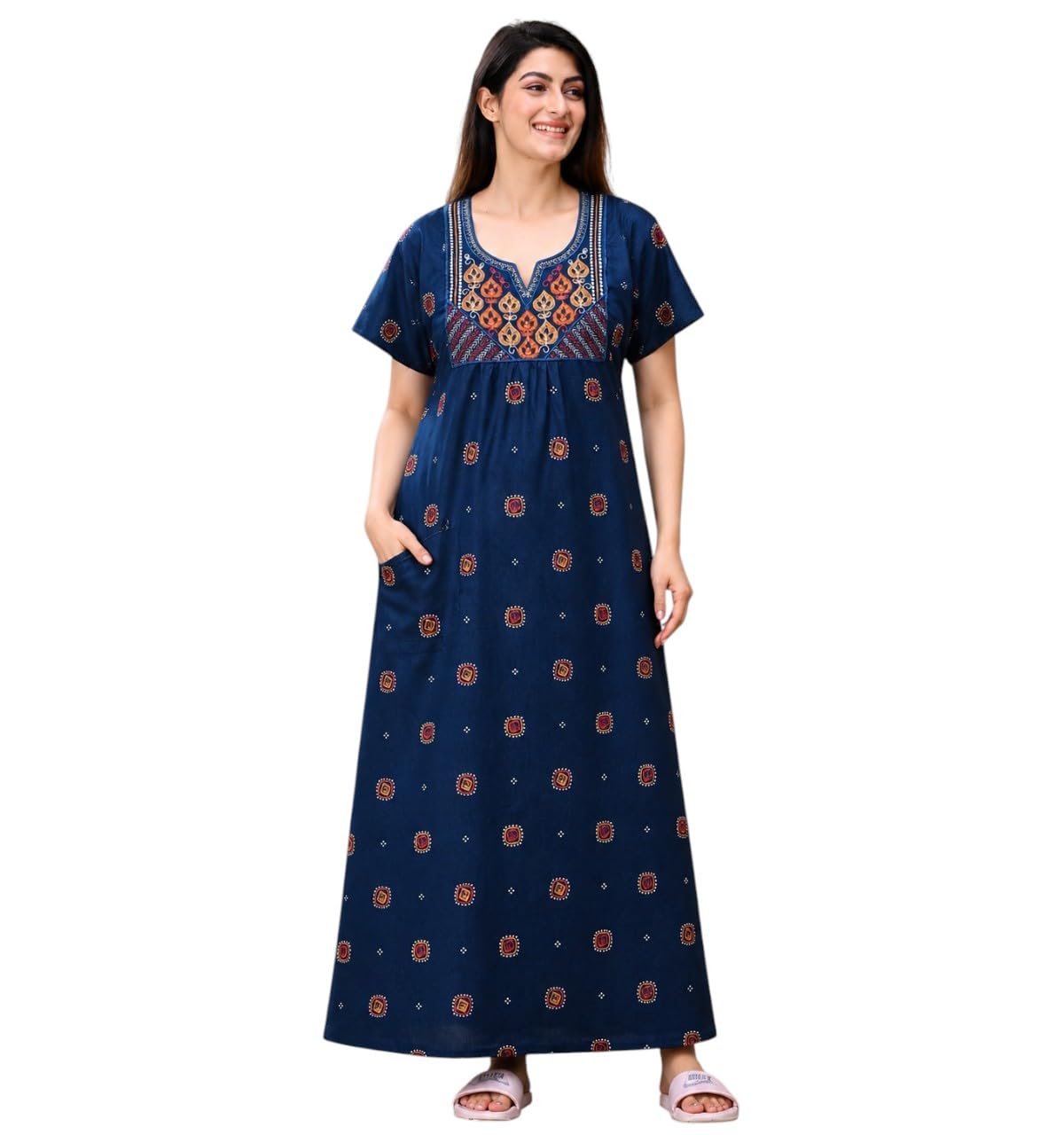 ammanya lifestyle hub Women's Pure Cotton Maxi Nighty, Jaipuri Embroidery Print, Short Sleeve Night Gown with Pocket-picture-38
