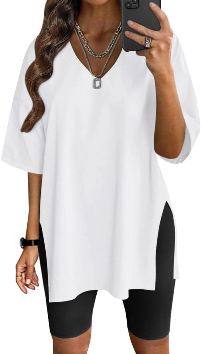 Neweek Womens Oversized Workout T Shirts Short Sleeve V Neck Side Slit T-Shirt Summer Casual Basic Tee Tops Loose Fit