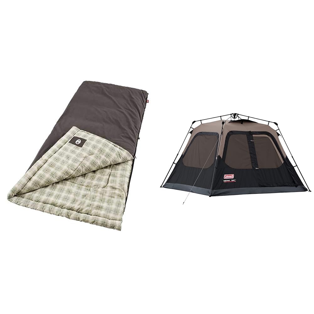 Photo 1 of **ONLY THE SLEEPIGN BAG**  Coleman Heritage Big & Tall Cold-Weather Sleeping Bag, 10°F Camping Sleeping Bag for Adults, Comfortable & Warm Flannel Sleeping Bag for Camping and Outdoor Use, Fits Adults up to 6ft 7in Tall Sleeping Bag + 4-Person Cabin Tent