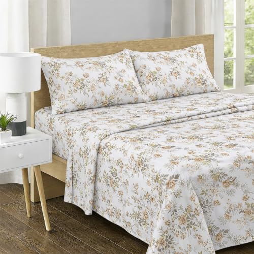 Image of Feather & Stitch Printed 500 TC California King Size 4pc Damask Bed Sheet Set, 100% Soft Cotton Breathable Bedsheets, 18 inch Deep Pockets Sateen Weave Striped Bedding Mattress - Rose Floral