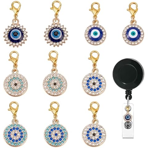DELORIGIN 5 Styles Evil Eye Badge Reel Charm for Student Nurse Teacher, 10 pcs Nursing Badge Accessories Alloy Rhinestone Mini Badge Holder Charms for ID Card Name Tag Keychain Badge Holder Cover