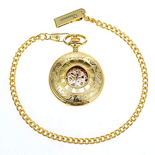 Image of TREEWETO Men's Mechanical Skeleton Pocket Watch for Mens Women Blue Roman Numerals Dial Double Case Pocket Watches