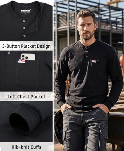 Image of BOCOMAL FR Shirts for Men Long Sleeve EX Soft Flame Resistant Henley CAT2 | NFPA2112 6oz Midweight Cotton Knit Heather Series,Moisture-Wicking /Breathable,Chest Pocket,Rib-Knit Cuffs,Summer Work T Shirt