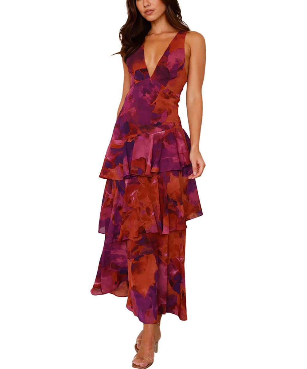 Photo 1 of GRMLRPT Women's Floral Maxi Dress - Deep V Neck, Backless, Floral Purple, L