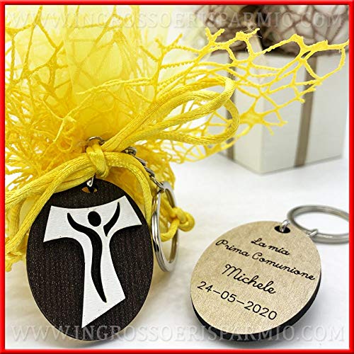 Schlüsselanhänger aus Holz, personalisierbar mit ovalem Anhänger und Kreuz Tao/Tau, Heilige Gastgeschenke Taufe, Kommunion, Konfirmation (mit Personalisierung, ohne Verpackung)