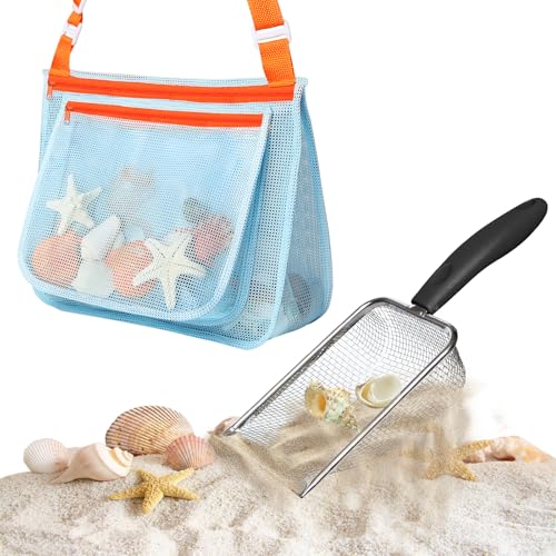 LIDAGO Beach Mesh Shovel with Mesh Beach Bag for Picking Up Shell,Metal Shark Tooth Sifter Sand Dipper Beach Scoop for Kids Boys Girls
