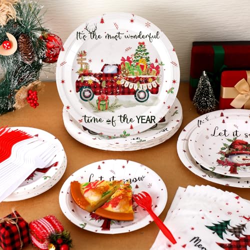 Umigy 96 Pcs Christmas Paper Plates and Napkins Set Let Is Snow Snowman Disposable Paper Plates Napkins Forks White Round Disposable Dinner Tableware for Xmas Party Supplies Table Decor, Serve 24 – Image 7