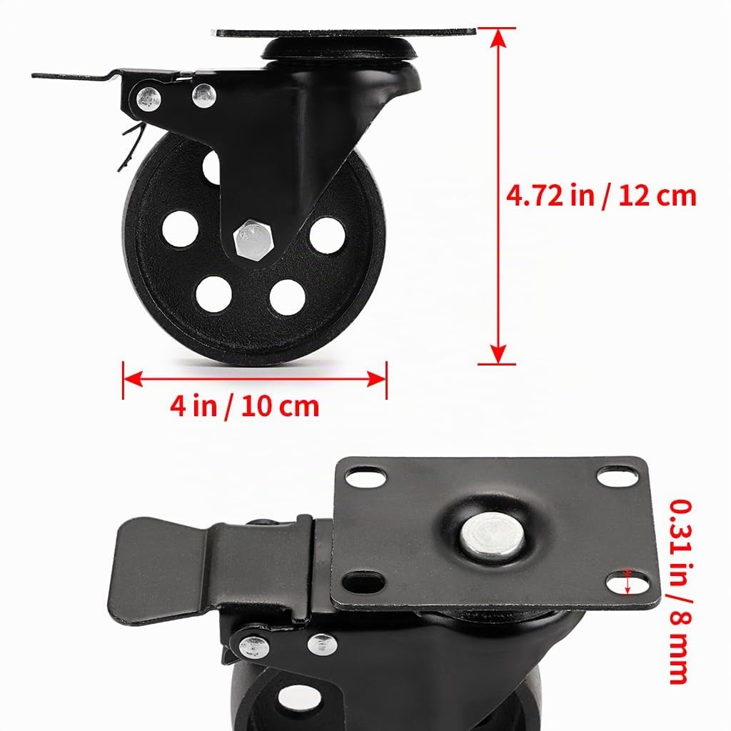 Skelang 4 Pcs Möbelrollen, 10 cm Lenkrollen, Schwerlasträder aus Gusseisen, 150 kg Tragfähigkeit pro Rolle