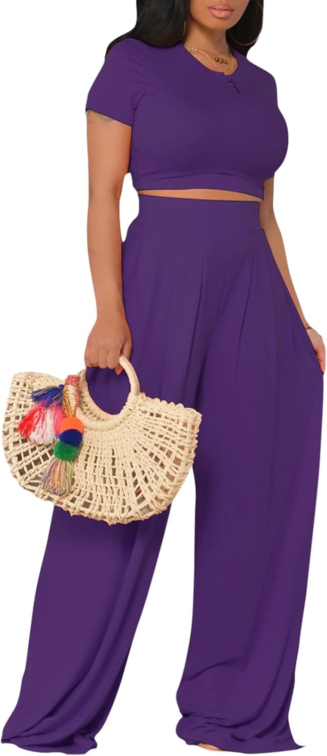 YouSexy Casual Summer 2 Piece Outfits for Women Short Sleeve Crop Top High Waist Wide Leg Pants Sets