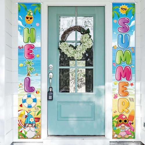 Hooqict Hello Summer Banner Porch Sign Summer Party Door Decorations Hanging Party Banner for Hawaiian Luau Tropical Beach Party Supplies - 71