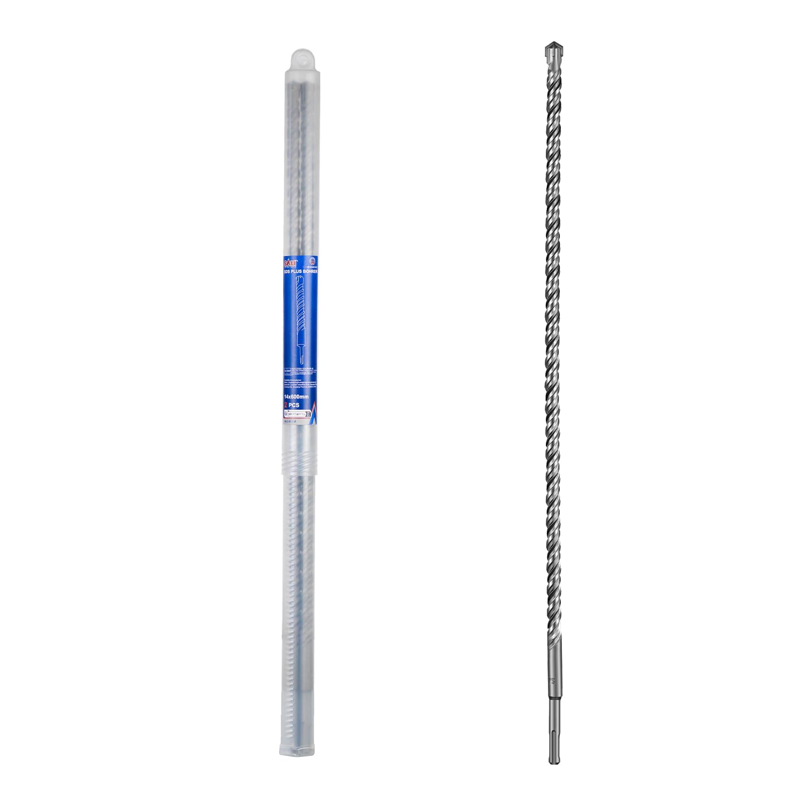 SALI SDS Plus zestaw wierteł 14 x 600 mm, 2-częściowy zestaw wierteł udarowych do betonu z 4 końcówkami z twardego metalu, precyzyjne i szybkie wiercenie w betonie, akcesoria udarowe, wiertło do