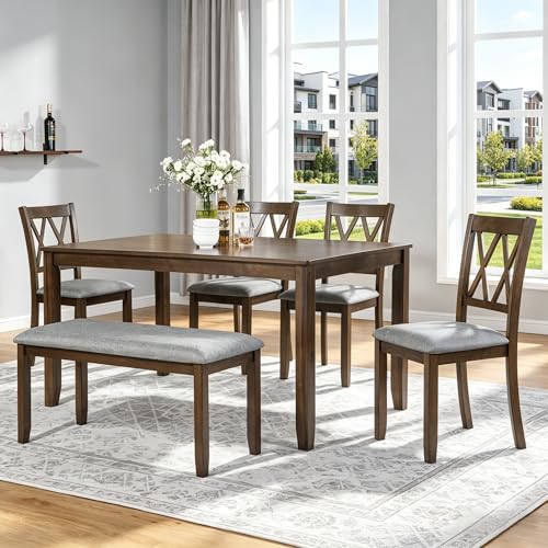 Image of LUMISOL 6-Piece Solid Wood Dining Table Set, Wood Kitchen Table with 4 Chairs and Bench, Farmhouse Dining Table with Bench and Chairs Set for Kitchen, Living Room, Walnut