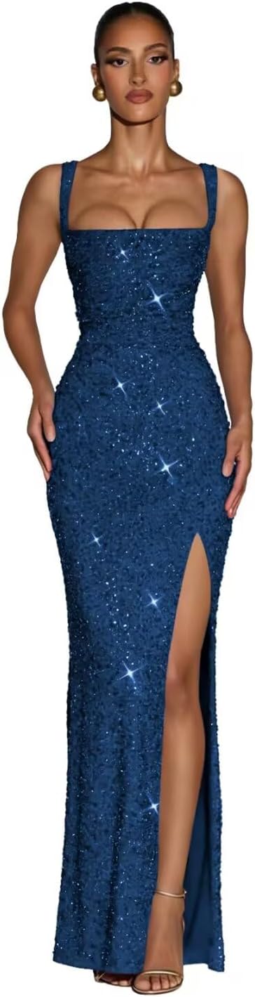 Sparkly Sequin Mermaid Prom Dresses for Women 2026 Long Square Neck Formal Evening Dresses with Slit