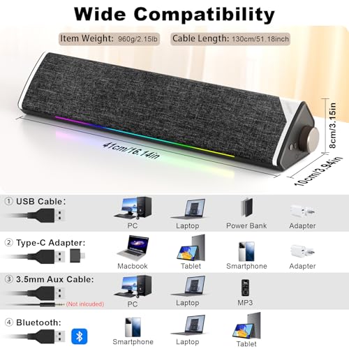 SOULION R60 PC Speakers Bluetooth 5.3 Soundbar for Desktop Computer, Laptop, Gaming, Monitor, with 5 LED Lighting Effects, USB Powered with USB-A to C Adapter, with 3.5mm Aux Jack - Image 7
