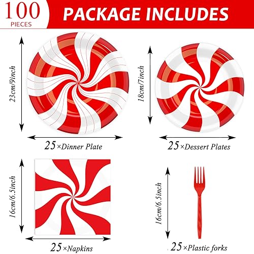 Image of 100Pcs Christmas Peppermint Paper Plates and Napkins Party Supplies Candy Cane Party Tableware Set Red and White Striped Christmas Winter Party Decor Favors for Holiday Xmas Theme Party Serves 25