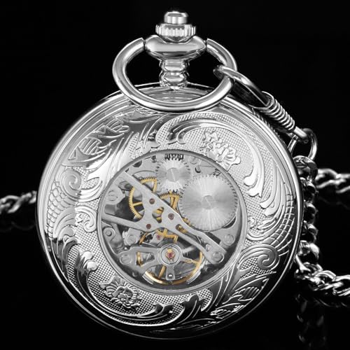 Image of Men's Mechanical Hollow Design Hand Wind Pocket Watch Roman Numerals Steampunk with Chain Box