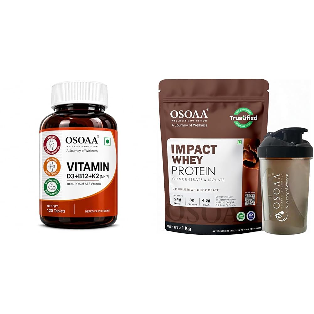 OSOAA Vitamin D3 K2 MK7 Supplement - 120 Tablets | Vitamin D3 (600 IU) | Promotes Calcium Absorpti | OSOAA Impact Whey Protein 1kg - Double Rich Chocolate with Shaker| Isolate & Concentrate | 24g Pro-image-48
