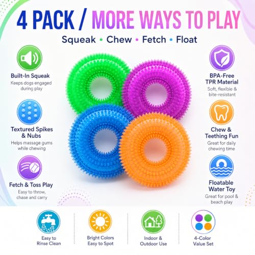 Image of Dog Chew Toys for Aggressive Chewers, Squeaky Floating Donut Rings, 4 Pack