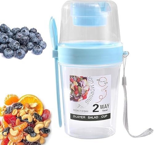 サラダカップ サラダ 弁当箱 800ml 大容量 2段 分解可能 ドレッシング 蓋付き フォーク付き 冷蔵庫 軽量ポータブル 漏れ防止 通勤 通学 旅行 オフィス用 (ブルー)