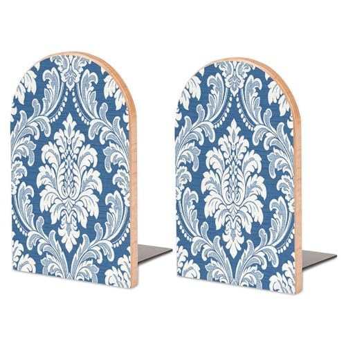 Sujetalibros de madera de damasco azul para evitar caídas de libros 2